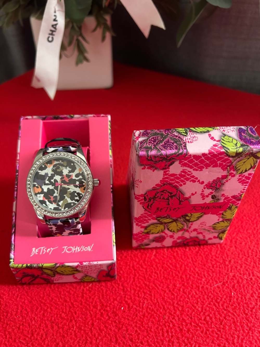Betsey Johnson Pink Floral Leopard-Print Watch with Crystal Bezel